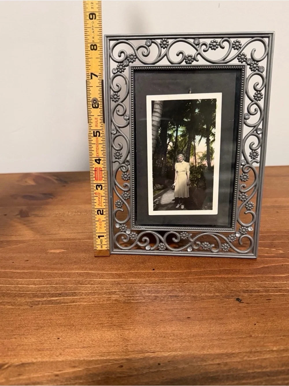 Jeweled Heirloom Faux silver Photo Frame For 4x6” Photo - Vintage Photo Included